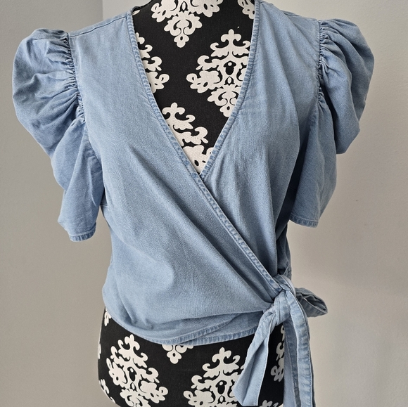 Bar III Elegant Sky Blue Puff Sleeve Wrap Blouse Size XL - Picture 3 of 16